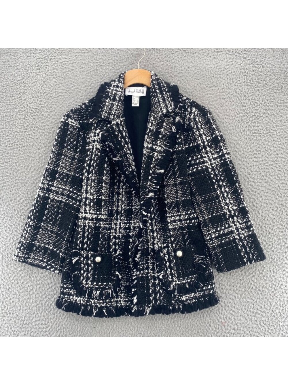 Joseph Ribkoff Jacket Womens 4 Black White Tweed Metallic Fringe Lapel Blazer